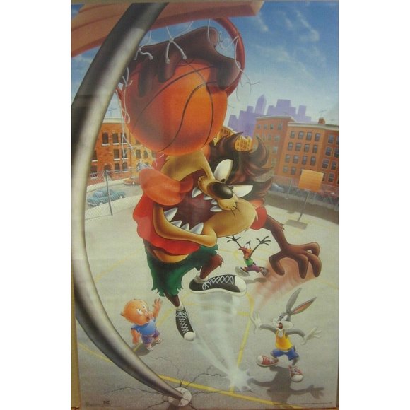 LOONEY TUNES POSTER~Taz Slam Dunk Over Bugs Bunny Porky Pig Tasmanian Basketball - Picture 1 of 9
